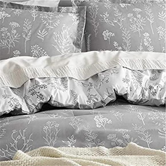 Queen Comforter Set - Grey Comforter Cute Floral Bedding Comforter Sets 3 Pieces - Picture 5 of 6